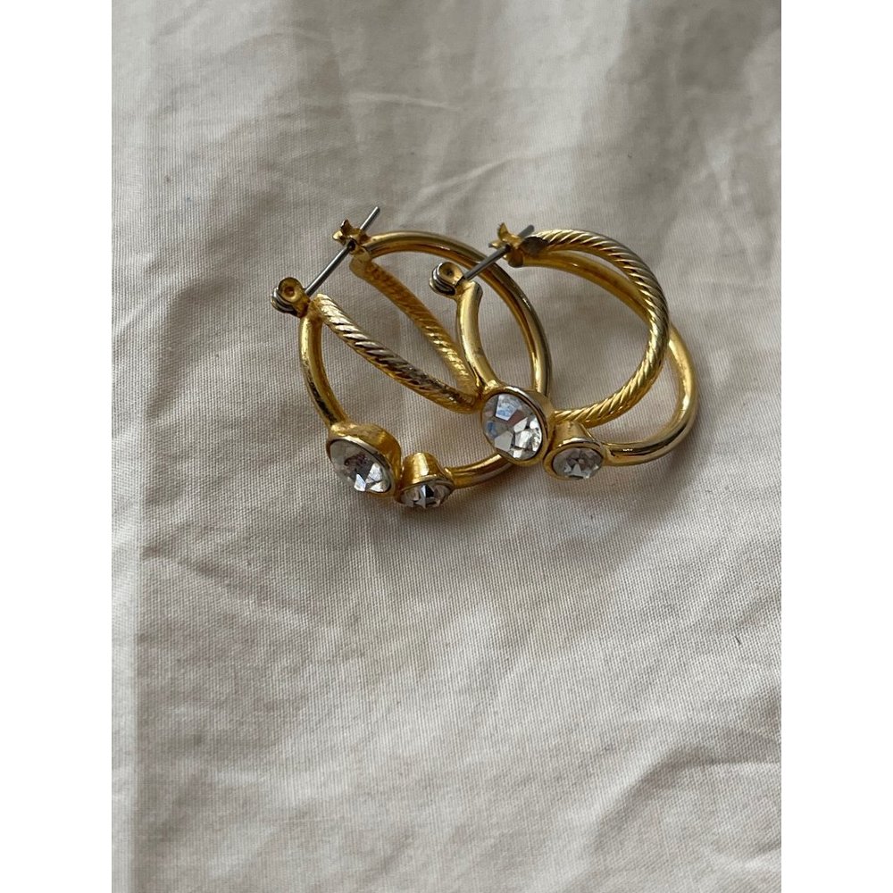Vintage Double Hoop Vintage Look Gold / Silver Tone Rhinestone Pierced Earrings